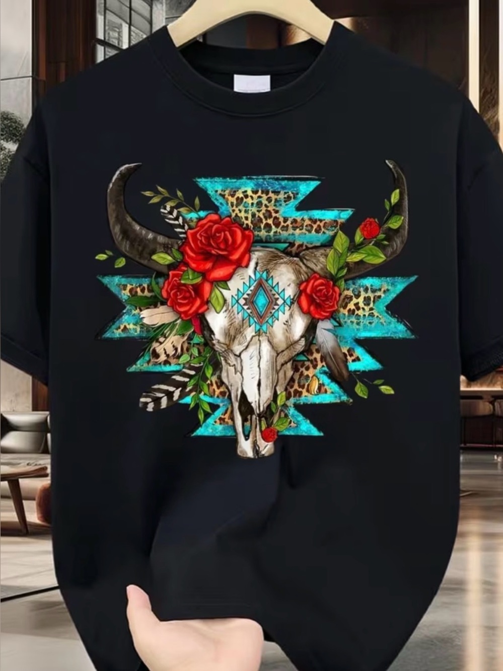 Western T-shirt Black Graphic Tee with Turquoise Aztec Skull & Red Rose Accents